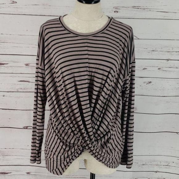 143 Story Taupe and Black‎ Stripe Long Sleeve Blouse - Picture 7 of 7